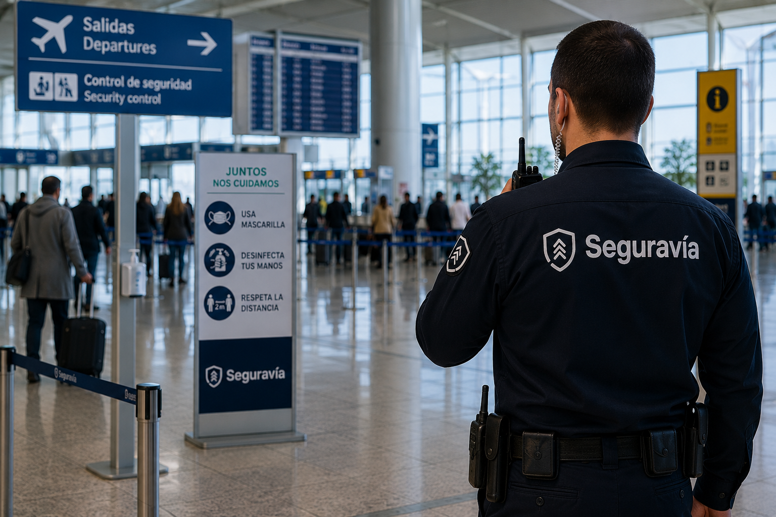 Vigilante de seguridad en aeropuerto durante una alerta sanitaria