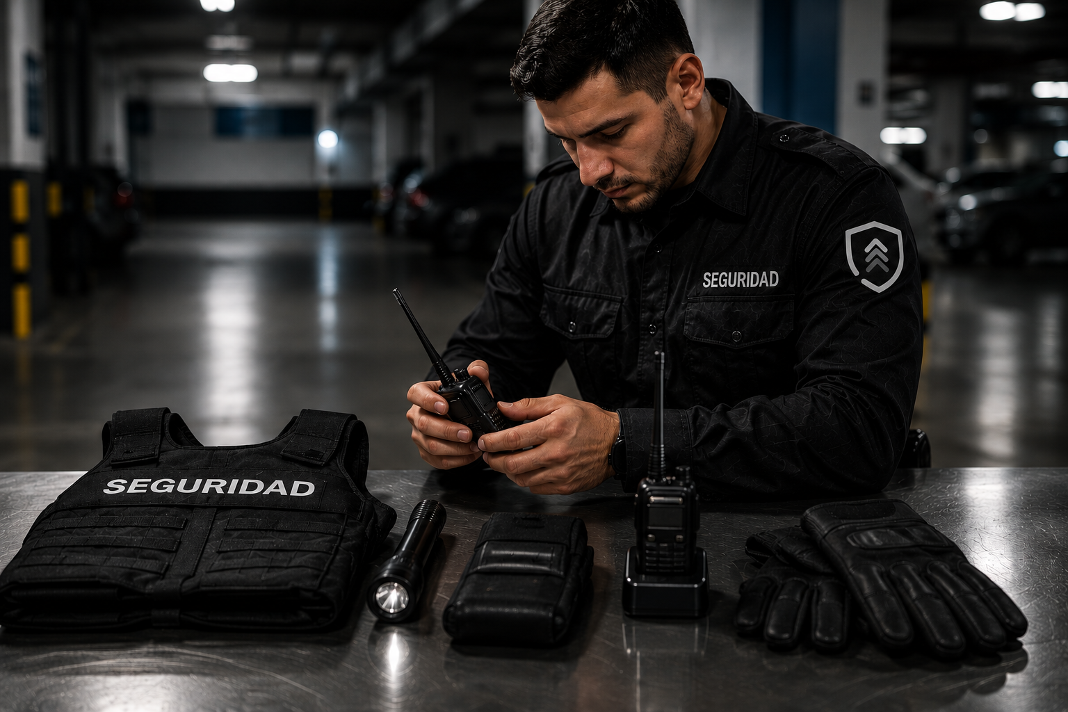 Vigilante de Seguridad revisando su equipamiento antes del servicio